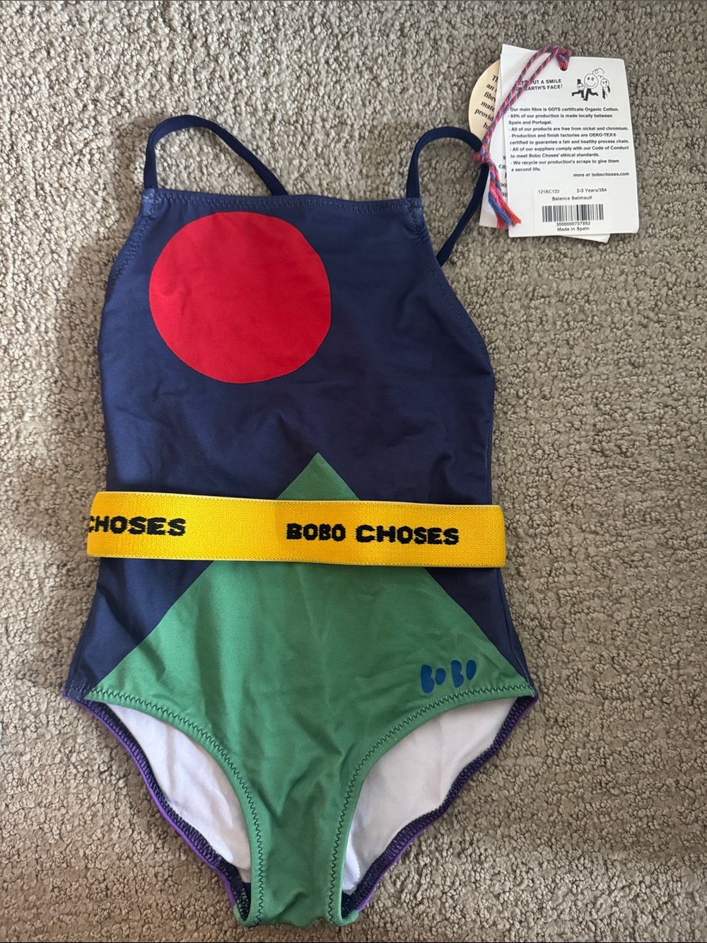 Bobo Choses Navy Swimsuit with Green Panel, Red Circle & Yellow Belt